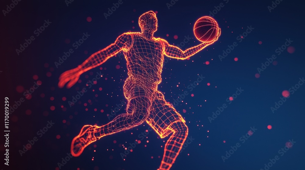 Neon Basketball Player in Dynamic Pose with 3D Wireframe Effect Neon Basketball Player in Dynamic Pose with 3D Wireframe Effect