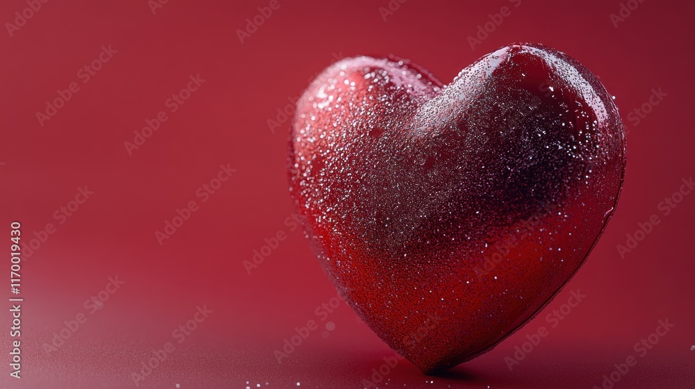 Fototapeta premium Close-up of a heart-shaped gift with a textured red surface and a sparkling silver ribbon, standing out on a plain red background