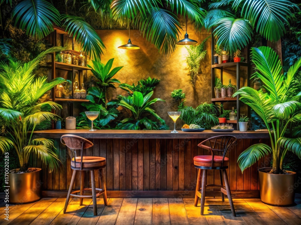 Fototapeta premium Escape to paradise: Martini, vibrant foliage, comfy chairs, and plenty of room for your text.