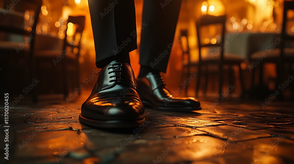 Fototapeta premium A close-up of formal black dress shoes standing on a worn restaurant floor, blurred chairs and tables with wine glasses and dim light fixtures behind, soft warm lighting, ultra-realistic textures,