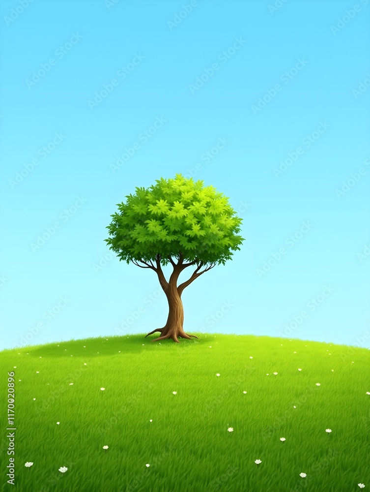 Lone tree in lush green field under blue sky Lone tree in lush green field under blue sky