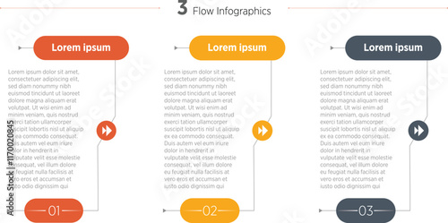 Three color rectangular elements placed in horizontal row. Concept of 3 steps of business development process. Simple infographic design template. Modern linear vector illustration for report.
