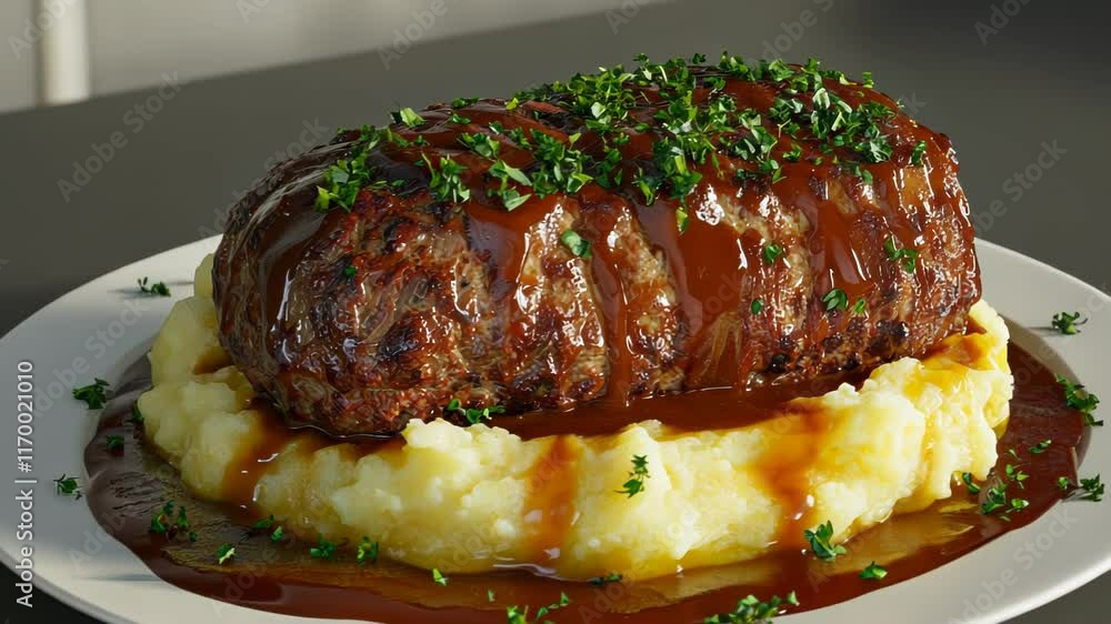 A hearty serving of meatloaf atop creamy mashed potatoes, garnished with herbs and gravy. A hearty serving of meatloaf atop creamy mashed potatoes, garnished with herbs and gravy.