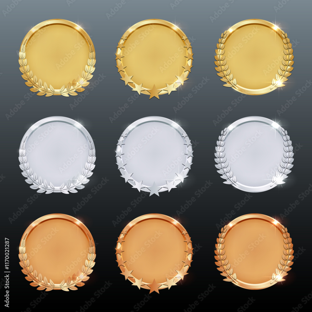 High-Quality 3D Golden, Silver, and Bronze Blank Medals with Laurel Leaves | First, Second, and Third Place Emblems | Premium Vector Badges. Vector. High-Quality 3D Golden, Silver, and Bronze Blank Medals with Laurel Leaves | First, Second, and Third Place Emblems | Premium Vector Badges. Vector.