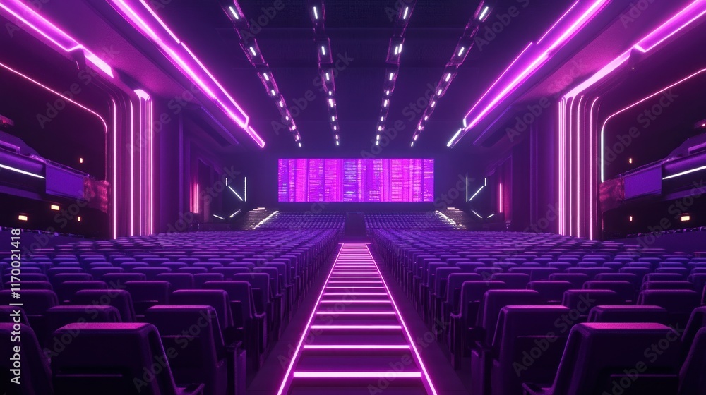 Digital Cyber Stadium illuminated with purple lighting, techno-styled rows of seats, and holographic screens creating a high-tech atmosphere