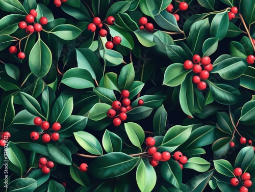 Lush red berries and lively green holly leaves make a vibrant festive background. Ideal for seasonal greetings, holiday celebrations or winter themes. photo