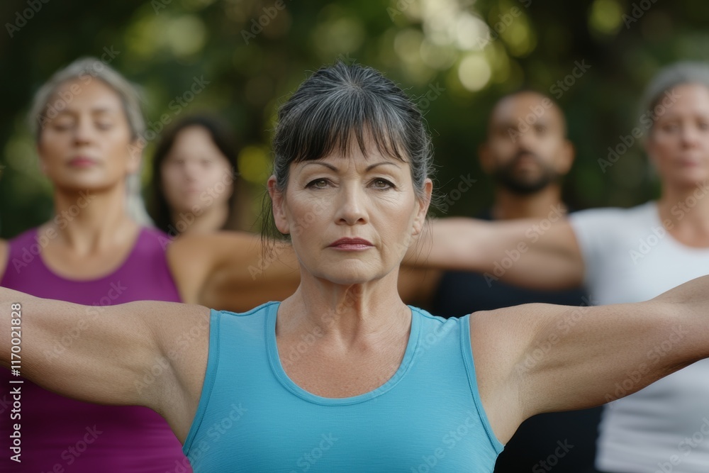 Woman in a blue tank top is doing yoga with a group of people Woman in a blue tank top is doing yoga with a group of people