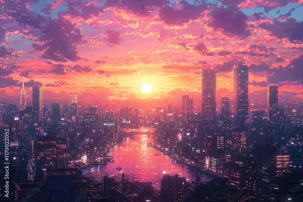 Fototapeta premium Vibrant pink sunset over cityscape with river.