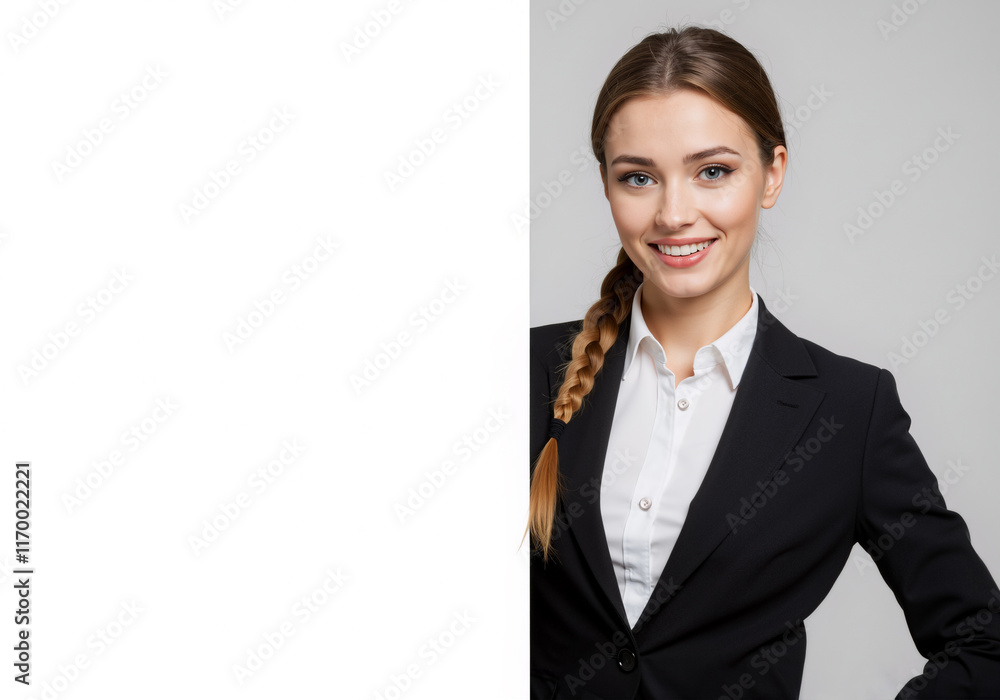 Professional business woman holding a blank white paper sign banner next to her for copy space text message, promotional product presentation or advertising highlight - isolated background
