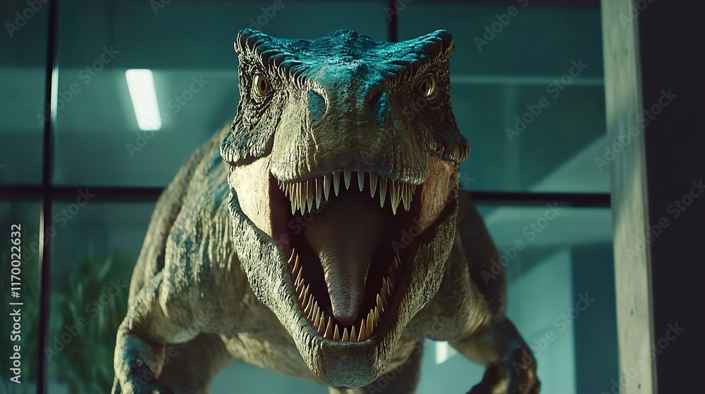 Naklejka premium A fearsome Tyrannosaurus Rex in a modern setting