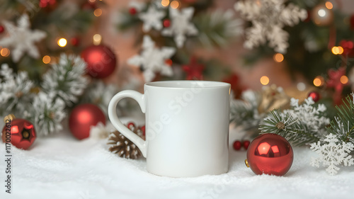 Blank white mug mockup copy space Christmas vibes