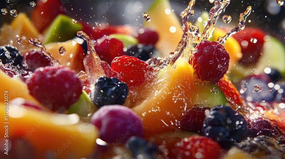 Fresh fruit salad with vibrant mix of colorful berries and fruits splashed with water, ready to serve. Nutritious and refreshing summertime treat. Fresh fruit salad with vibrant mix of colorful berries and fruits splashed with water, ready to serve. Nutritious and refreshing summertime treat.