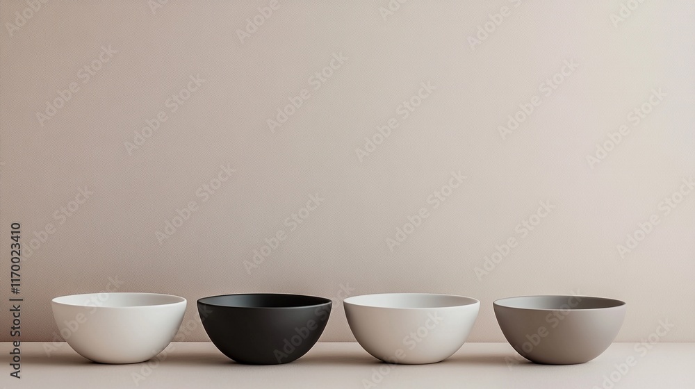 Four empty bowls in white, black, grey, arranged neatly.