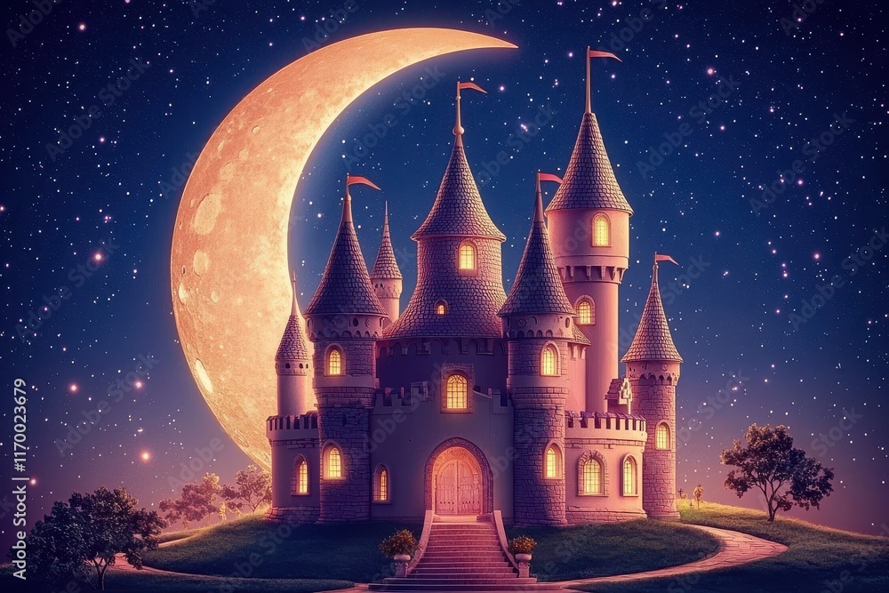 Fototapeta premium Enchanting castle illuminated by a crescent moon in the night sky.