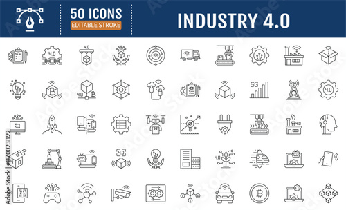 Industry 4.0 Line Editable Icons set. Containing Industry 4.0, automation, smart industry, cloud computing, iot, system integration, big data and more. Vector Illustration