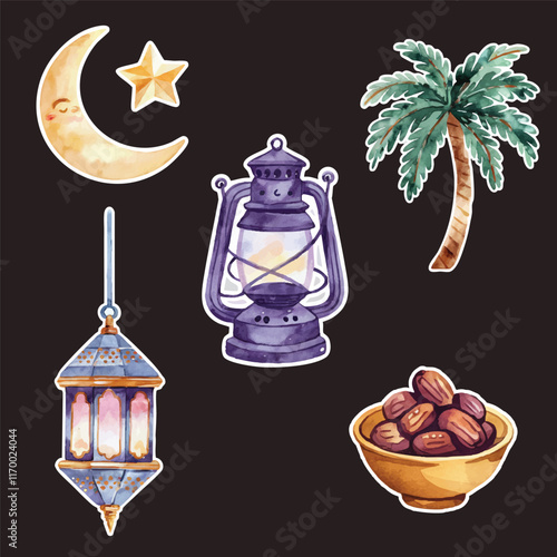 water color ramadhan element. ramadan sticker set watercolor style