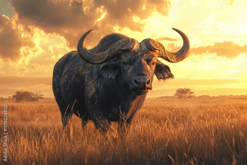 Naklejka premium A majestic buffalo stands in a sunlit grassland at sunset, symbolizing the tranquility and grandeur of nature.
