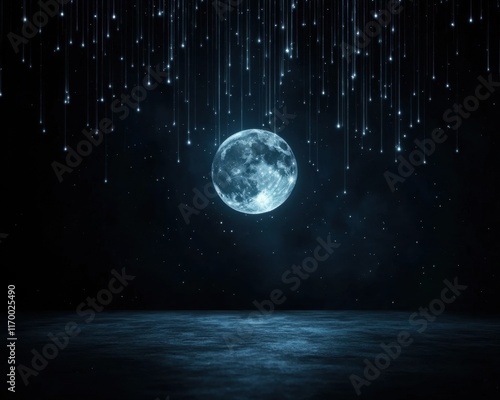 A mystical sky with the moon glowing brilliantly, supernatural beams blending with a sea of glittering stars photo