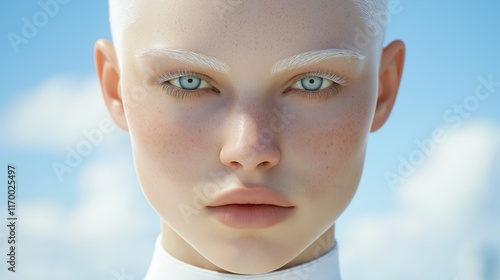 Close-up of futuristic model with freckled skin and white eyebrows in natural light