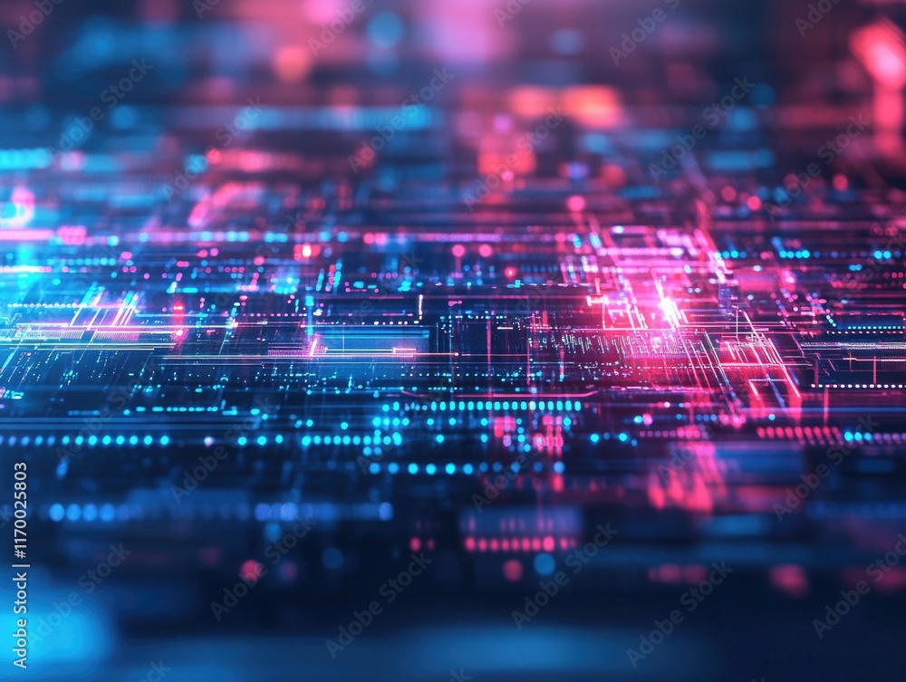 Brightly colored digital circuit board with binary code and neon lights. Brightly colored digital circuit board with binary code and neon lights.