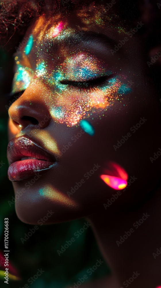 Close up portrait of a woman's face illuminated by colorful lights. Close up portrait of a woman's face illuminated by colorful lights.