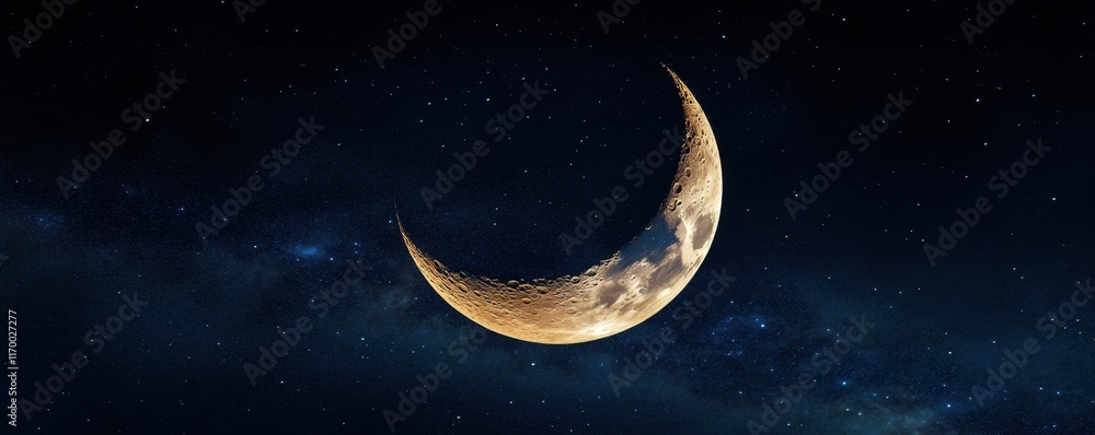 Fototapeta premium The crescent moon glowing softly in supernatural hues, surrounded by radiant constellations