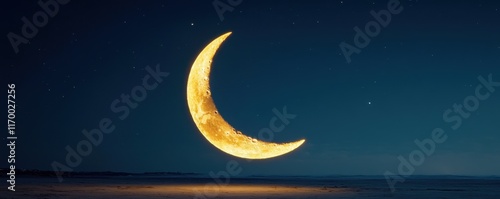 The crescent moon glowing softly in supernatural hues, surrounded by radiant constellations