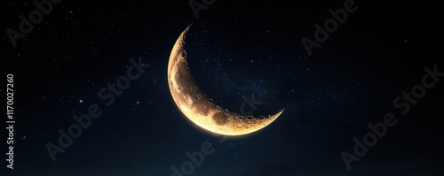 The crescent moon glowing softly in supernatural hues, surrounded by radiant constellations