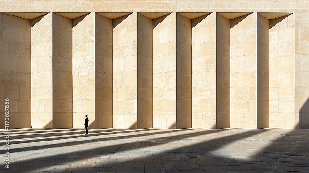 Fototapeta premium Person standing before a large, textured, beige wall with deep vertical recesses, casting long shadows.