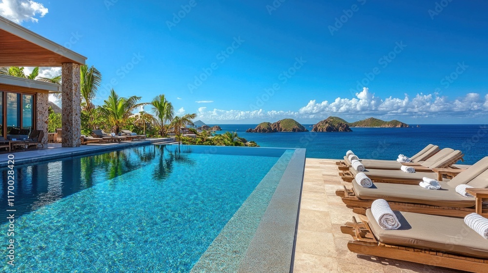 Fototapeta premium Oceanfront infinity pool at a luxurious beach retreat, sparkling under the summer sun with chaise lounges and endless views of the deep blue sea