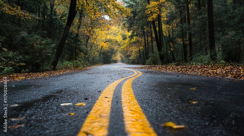 Fototapeta premium Autumnal Road Through a Forest: A Scenic Drive