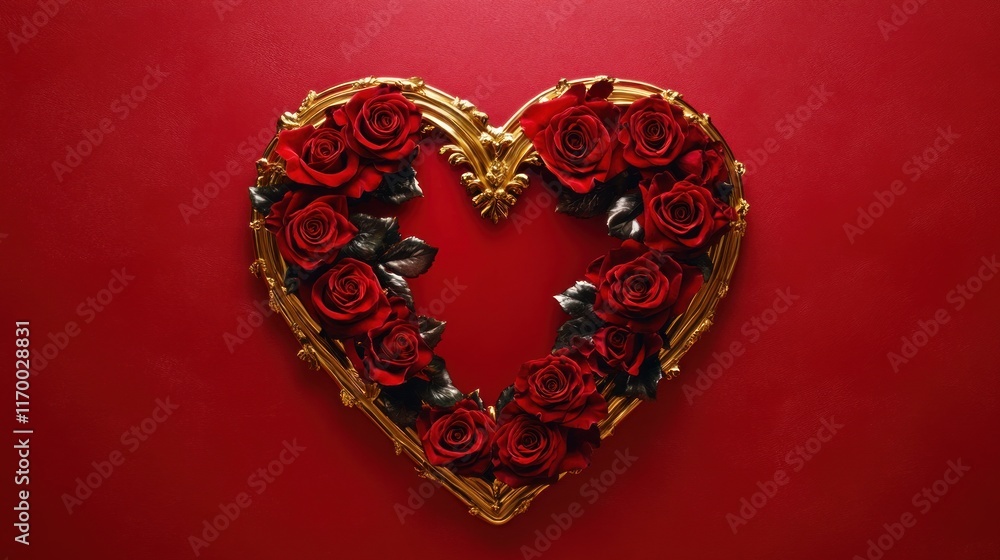 Fototapeta premium On a vibrant red background, a glossy gold-framed heart with deep red roses extending from the center, creating a rich and romantic Valentine's Day scene