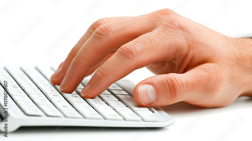 close up of hand typing on white keyboard, showcasing focus and productivity close up of hand typing on white keyboard, showcasing focus and productivity
