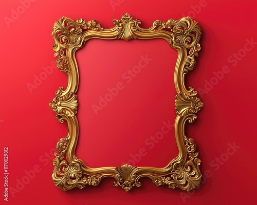 An ornate golden picture frame displayed against a vibrant red background, emphasizing its intricate design and elegance.
