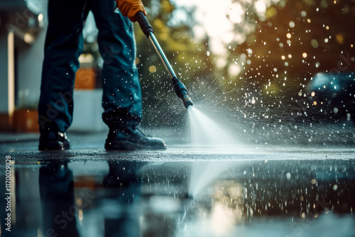 Worker is cleaning a concrete driveway with a pressure washer. generative ai
