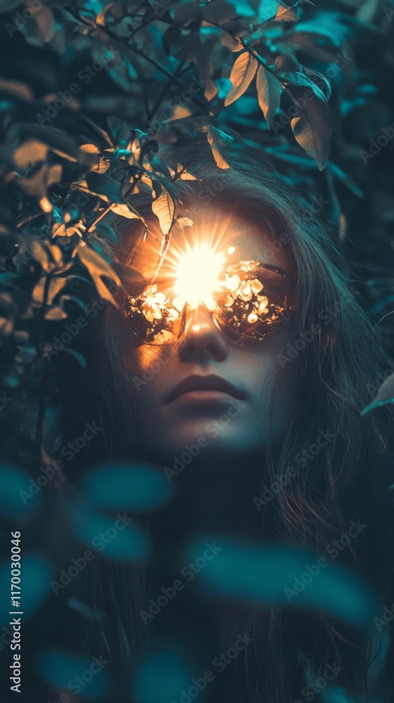 Fototapeta premium Close up of woman's face with sun shining through leaves, creating a surreal and dreamlike image.