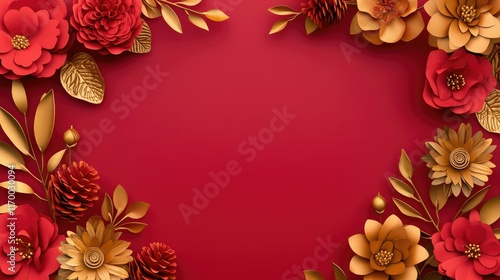 A vibrant floral frame featuring red and gold flowers on a rich red background, perfect for invitations or seasonal decorations.
