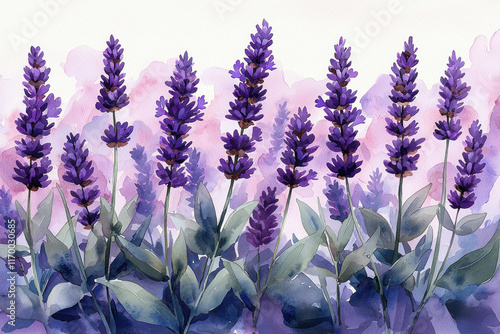 Watercolor painting of lavender flowers on a soft purple background.