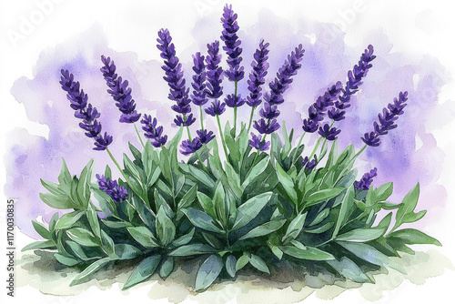 Watercolor painting of a lavender plant with purple flowers and green leaves.