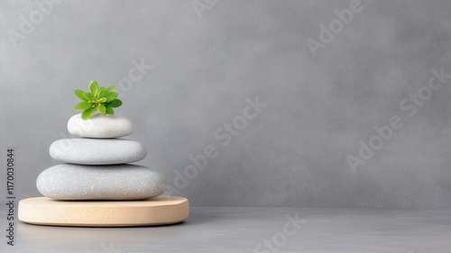 Serene zen stone stack with green plant on smooth wooden base against gray background