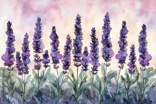 Watercolor painting of lavender flowers against a pastel sunset sky.