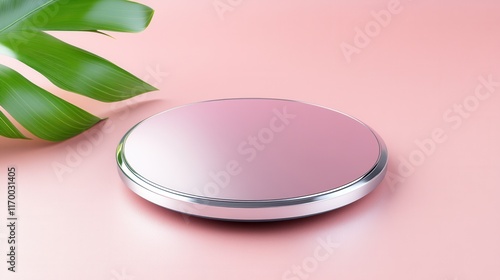 Reflective pink cosmetic compact on pastel surface with tropical leaf