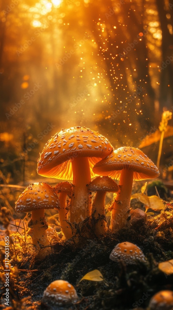 Fototapeta premium Magical mushrooms glowing in a forest setting.