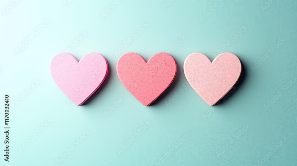Three colorful hearts in soft shades of pink against a light blue background, symbolizing love and affection. Three colorful hearts in soft shades of pink against a light blue background, symbolizing love and affection.