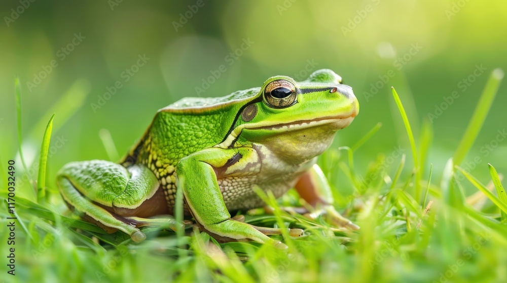 European tree frog sitting on hay against a clear green background, AI generated image European tree frog sitting on hay against a clear green background, AI generated image