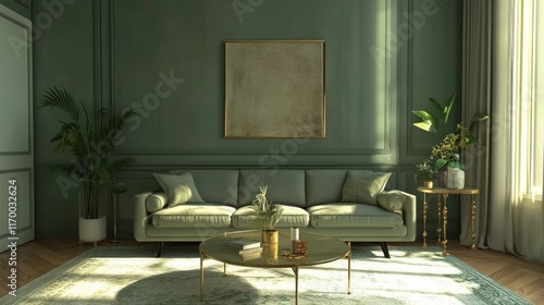 Stylish 3D living room featuring gray-green tones, a cozy sofa, gold-decorated center table, and a plain wall for added simplicity photo