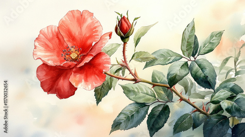 Watercolor painting of a single vibrant red rose with bud and leaves on a soft light background.