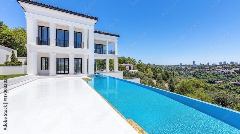 Fototapeta premium Luxurious modern mansion with infinity pool overlooking cityscape