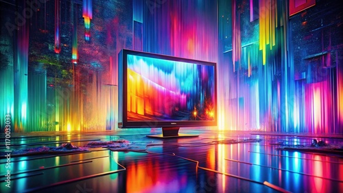 3D digital dispersion creates a minimalist, colorful glitch art background. Tech texture with abstract, vibrant hues.