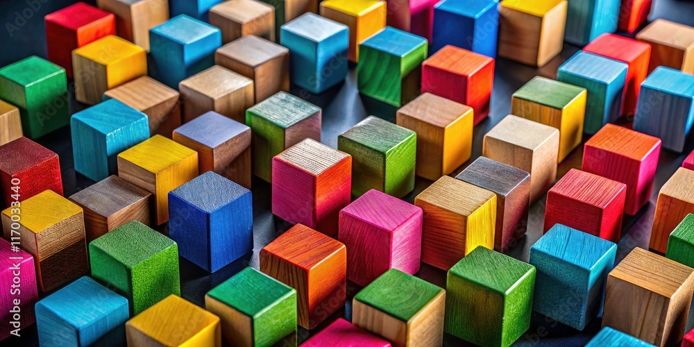 Obraz premium Abstract toy photography: a breathtaking drone shot of colorful blocks contrasting a deep black background.